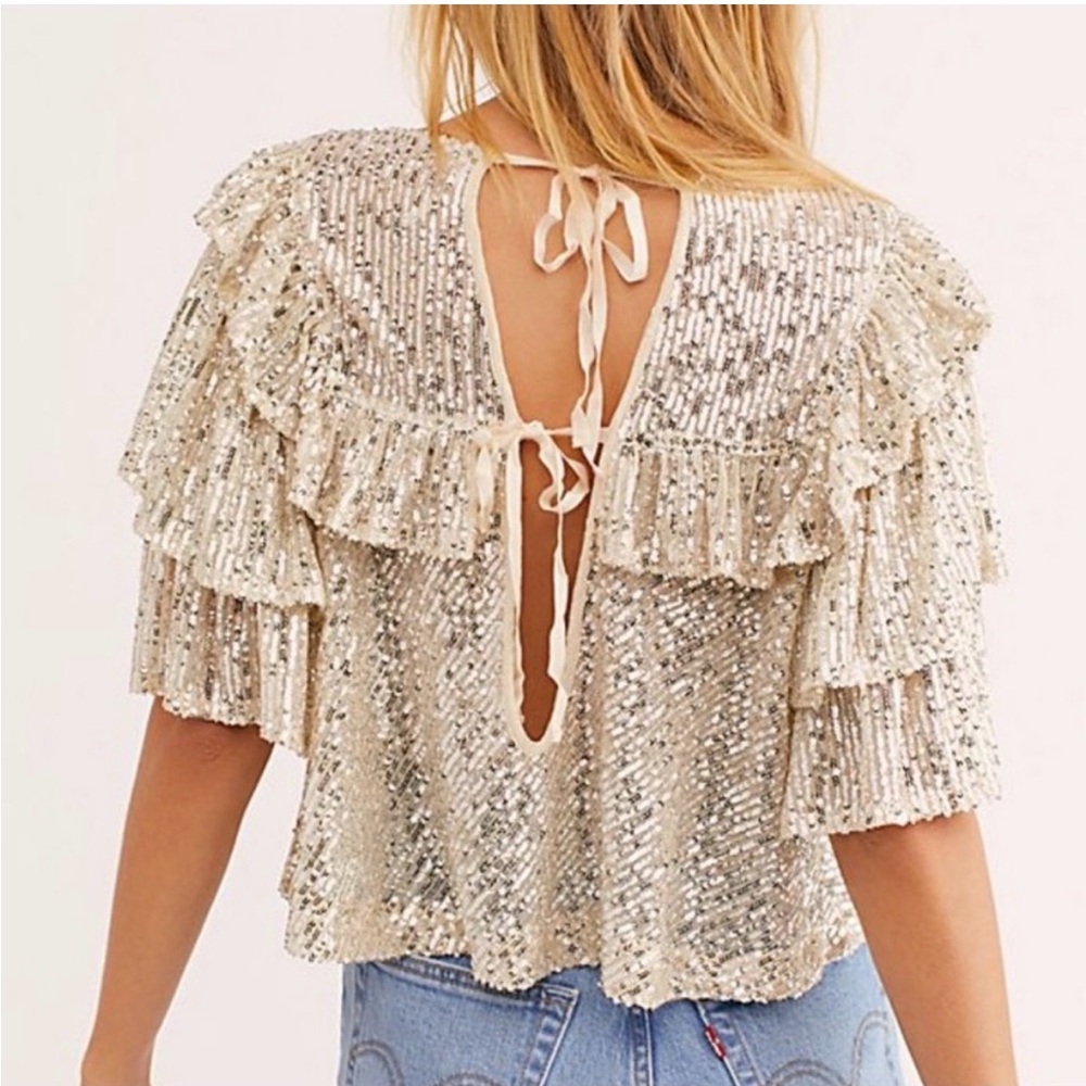 Free People Dance Floor Sequin Top Small Silver Cropped Ruffle - Picture 2 of 9